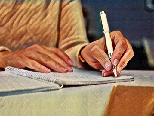 stylized photo of person writing in notebook with left hand